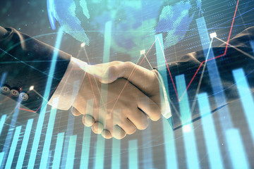 Multi exposure of forex graph and world map on abstract background with two businessmen handshake. Concept of success on international markets