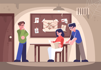 Sticker - Friends in criminal quest room flat vector illustration. Woman and men investigating crime cartoon characters. People in detective escape room solving murder mystery, searching for answer