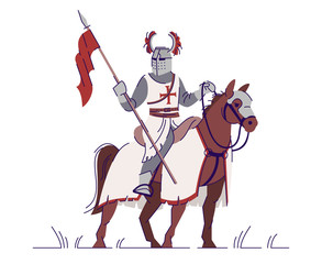 Wall Mural - Medieval knight horseman in armor flat vector illustration. Equestrian crusader isolated cartoon character with outline elements on white background. Middle age fighter. Legend personage