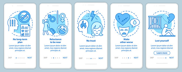 Trouble in relationships onboarding mobile app page screen with linear concepts. No long-term plan walkthrough steps graphic instructions. UX, UI, GUI vector template with illustrations