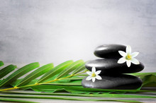 Spa Stones With Palm Branch And White Flower On Light Background.