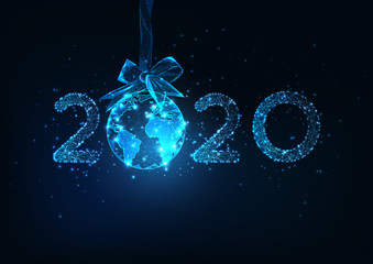 Wall Mural - Happy New Year digital web banner with futuristic 2020 number and Earth globe hanging on ribbon bow