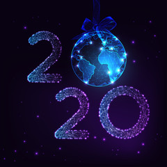 Wall Mural - Happy New Year digital greeting card with futuristic glow low poly 2020 number and Earth globe