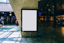 Clear Billboard In Public Place With Blank Copy Space Screen For Advertising Or Promotional Poster Content, Empty Mock Up Lightbox For Information, Blank Display In Station Area With Daylight
