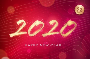 Wall Mural - 2020 Happy New Year lettering greeting card or invitation template. Vector Illustration