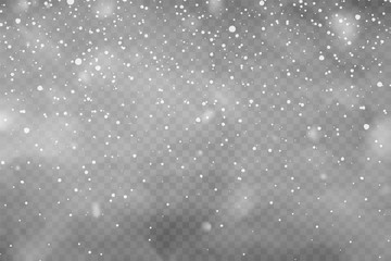 Aufkleber - Realistic falling snow with snowflakes and clouds. Winter transparent background for Christmas or New Year card. Frost storm effect, snowfall, ice. Vector illustration.