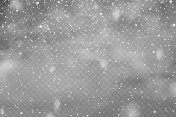 Aufkleber - Realistic falling snow with snowflakes and clouds. Winter transparent background for Christmas or New Year card. Frost storm effect, snowfall, ice. Vector illustration.