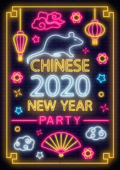 Wall Mural - 2020 Chinese New year poster in neon style. Celebrate invitation of asian lunar new year. Neon sign, bright banner.