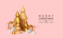 Christmas 3D Render Illustrations. Composition From Golden Metallic Pine, Spruce Trees. Cubic Hollow Gifts Box, White Snow Drifts. New Year Cone Shape Trees. Xmas Background, Realistic Objects Design.