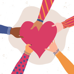 Vector trendy illustration with different hands holding heart. Concept of giving and sharing love to people, volunteering, charity, cooperation