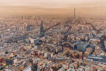  Aerial panorama of Paris City in late autumn from Maine-Montparnasse Tower at sunset.