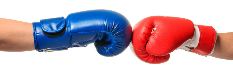 Hands in boxing gloves on white background