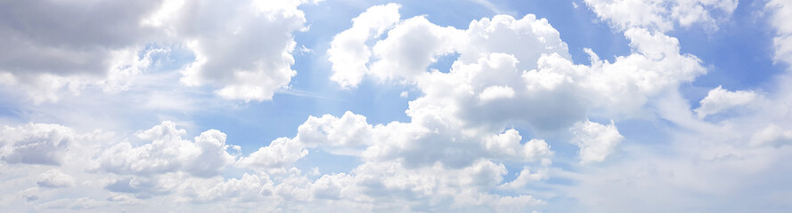 Panorama of clear blue sky with white cloud background. Clearing day and Good weather in the morning.