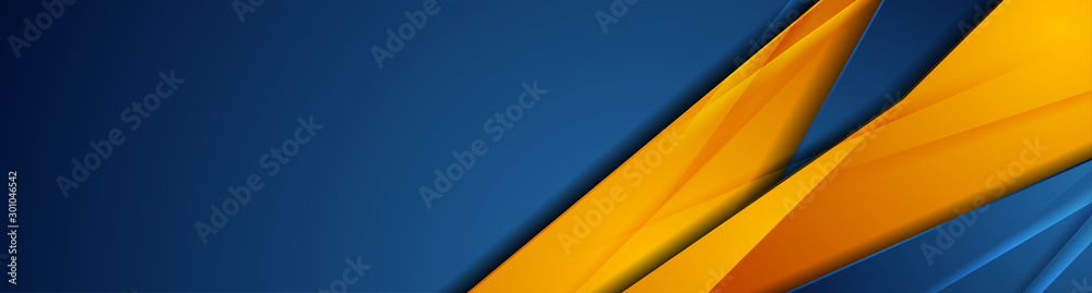 High contrast blue and orange glossy stripes. Abstract tech graphic banner design. Vector corporate background - obrazy, fototapety, plakaty 