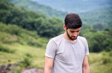 Picture of handsome man standing at nature,Free time,Positive thinking,Travel at outdoor