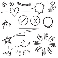 Wall Mural - doodle set elements black on white background. Arrow, heart, love, star, leaf, sun, light, flower, daisy, crown, king, queen,Swishes, swoops, emphasis ,swirl, heart.line art style