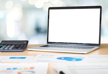 Aufkleber - mockup laptop computer screen with business chart market,caculator on desk at blur hallway modern office meeting room.device template for display of design.clipping path screen