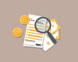 flat cartoon tax bill document analysis, financial check