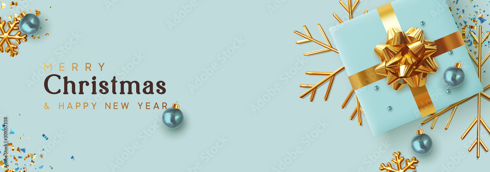 Christmas banner. Background Xmas design of realistic blue gifts box, golden 3d render snowflake and glitter gold confetti, bauble ball. Horizontal christmas poster, greeting cards, headers website - obrazy, fototapety, plakaty 