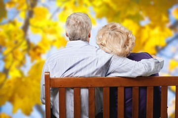 Wall Mural - Portrait of happy senior couple in green blurred park background, bokeh