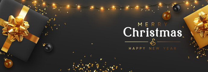 christmas banner. background xmas design of sparkling lights garland, realistic gifts box, black bal