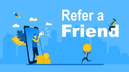 affiliate marketing concept. refer a friend strategy with Tiny People Character Concept Vector Illustration, Suitable For web landing page,Wallpaper, Background, Card, banner,Book Illustration