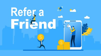 Wall Mural - Website or landing page of affiliate marketing concept. refer a friend strategy with Tiny People Character Concept Vector Illustration, Suitable For web landing page,Wallpaper, Background, Card, 