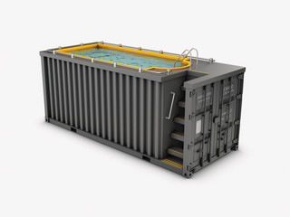 Converted old shipping container into swimming pool, isolated white 3d Illustration