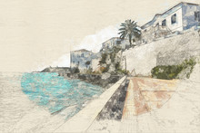 Watercolor Sketch Or Illustration Of The Famous Embankment Of Spetses Island, Greece