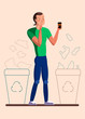 An eco-friendly person decides where to throw disposable coffee cup. Behind it are two containers for paper and plastic