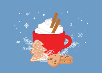 Christmas greeting card, winter invitation with red cup of hot drink. Cocoa or coffee decorated with cinnamone sticks, gingerbread cookie and fir tree branches. illustration background