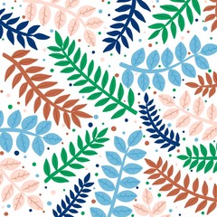  Pattern with blue, green, pink, orange branches. Branches with leaves on a white background.