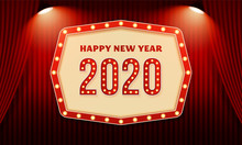 Happy New Year 2020 Billboard Typography Text Celebration Poster Design. Red Curtain Theater Stage Background With Spotlight Effect Vector Illustration