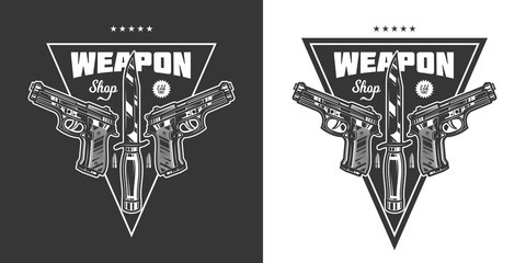 Original monochrome vector emblem with the image of a fighting knife, guns and bullets in retro style.