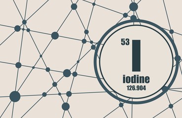 Sticker - Iodine chemical element. Sign with atomic number and atomic weight. Chemical element of periodic table. Molecule And Communication Background. Connected lines with dots.