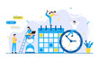 Tiny people characters working together with calendar schedule and fill out task on week schedule. Teamwork and time management concept flat style design vector illustration isolated white background.