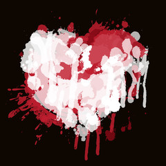 Sticker - Vector abstract illustration of heart sign with red and white blots and drops. A bloody heart with spots and splashes on a black background. Suitable for wedding cards, Valentine day, t-shirt design