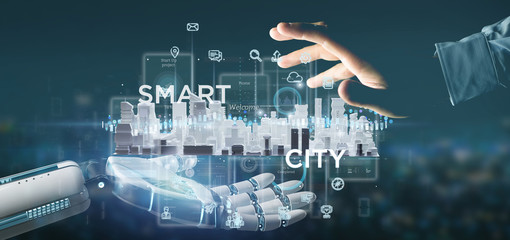 Poster - Cyborg hand holding Smart city user interface with icon, stats and data 3d rendering