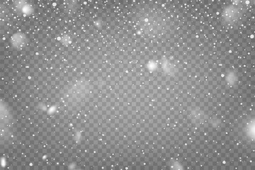 Aufkleber - Realistic falling snow with snowflakes and clouds. Winter transparent background for Christmas or New Year card. Frost storm effect, snowfall, ice. Vector illustration.