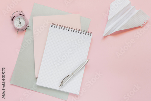 Fotografía Blank notebook for writing on spirals on a pink background, flat lay, the end of