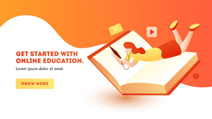 Canvas Print - Landing page design with young girl learning online education from tablet with book on orange and white background.