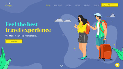 Sticker - Landing page design with illustration of female and male tourist holding luggage bag going to trip for Feel the best travel experience.