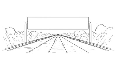 Sticker - Vector cartoon black and white drawing illustration of forward going highway and big empty sign.