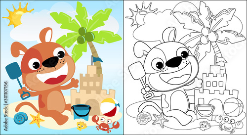 Obraz na płótnie vector cartoon of cute puppy build a sand castle in beach at summer holiday, coloring book or page