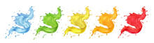 Fruit Berries Splashing Juice Or Jam Set. Colored Paint Splashes Realistic Vector Collection
