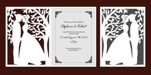 Laser Cut Template Of Wedding Invitation With Bride, Groom. Card With Openwork Vector Silhouette Of Tree With Branches, Leaves. Couple In Love In Lace Decor Panel. Faces In Profile At Valentine's Day.