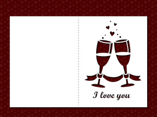 Wall Mural - Laser cut template of wedding invitation with glasses of champagne. Fold card with clink wineglasses, ribbon. Stencil of toast wine goblet. For wood carving, paper cut, vector silhouette for diecut.