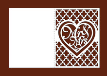 Laser Cut Template Of Wedding Invitation Card With Mr, Mrs, Lattice With Ogee Ornament. Fold Vector Silhouette With Heart For Valentine's Day. Panel For Wood Carving, Paper Cut, Die Cut Pattern.