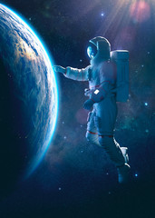 Astronaut in outer space touching the thin atmosphere of the earth - 3D rendering - concept art