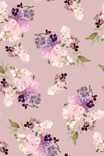 Seamless Hydrangea Pattern In Watercolor Style On A White Background